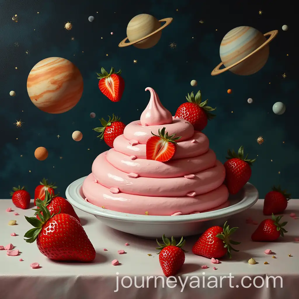 Surrealist-Still-Life-of-Strawberries-and-Cream-Floating-in-Space-with-Planets