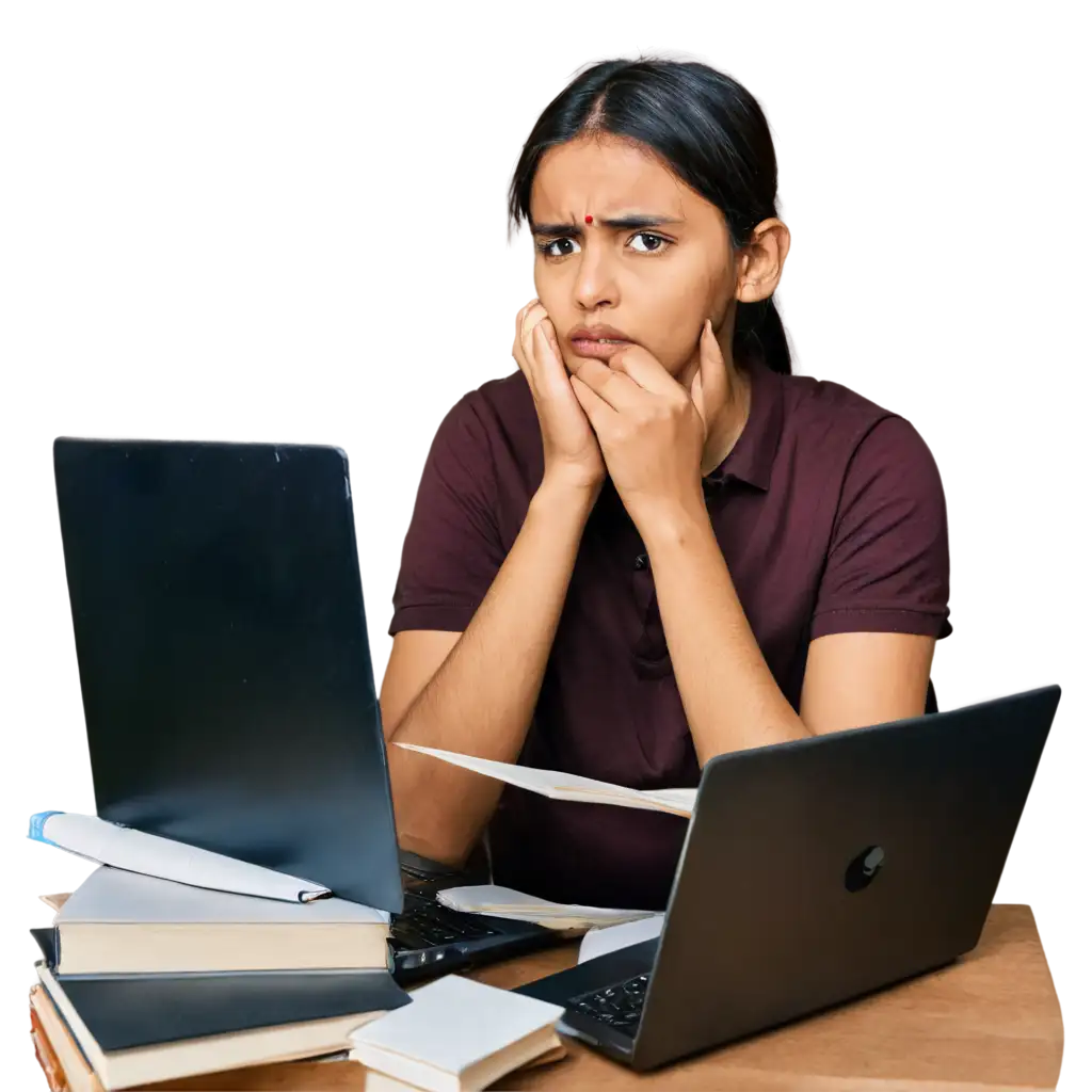 Frustrated-Indian-Student-at-a-Cluttered-Desk-Stress-and-Exhaustion-PNG-Image