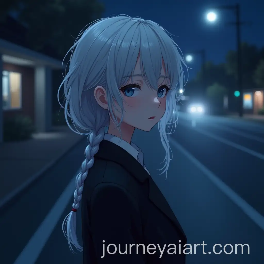 Petite-Girl-in-Black-Blazer-with-Silver-Hair-Braid-in-a-Midnight-Blue-Night-Background