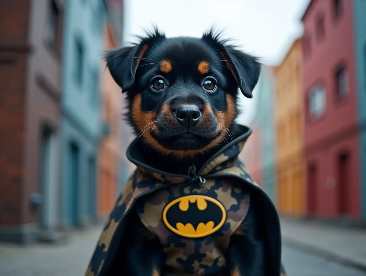 Batman puppy camouflage cloak, bright colors stands on a building 4K resolution bright colors