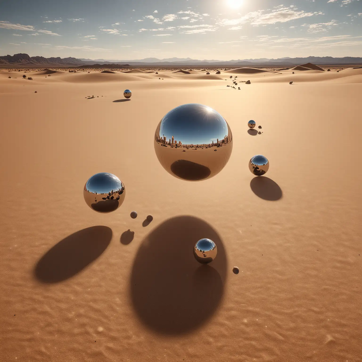 mirror-like volumetric balls of different sizes, floating in the air, around desert sand