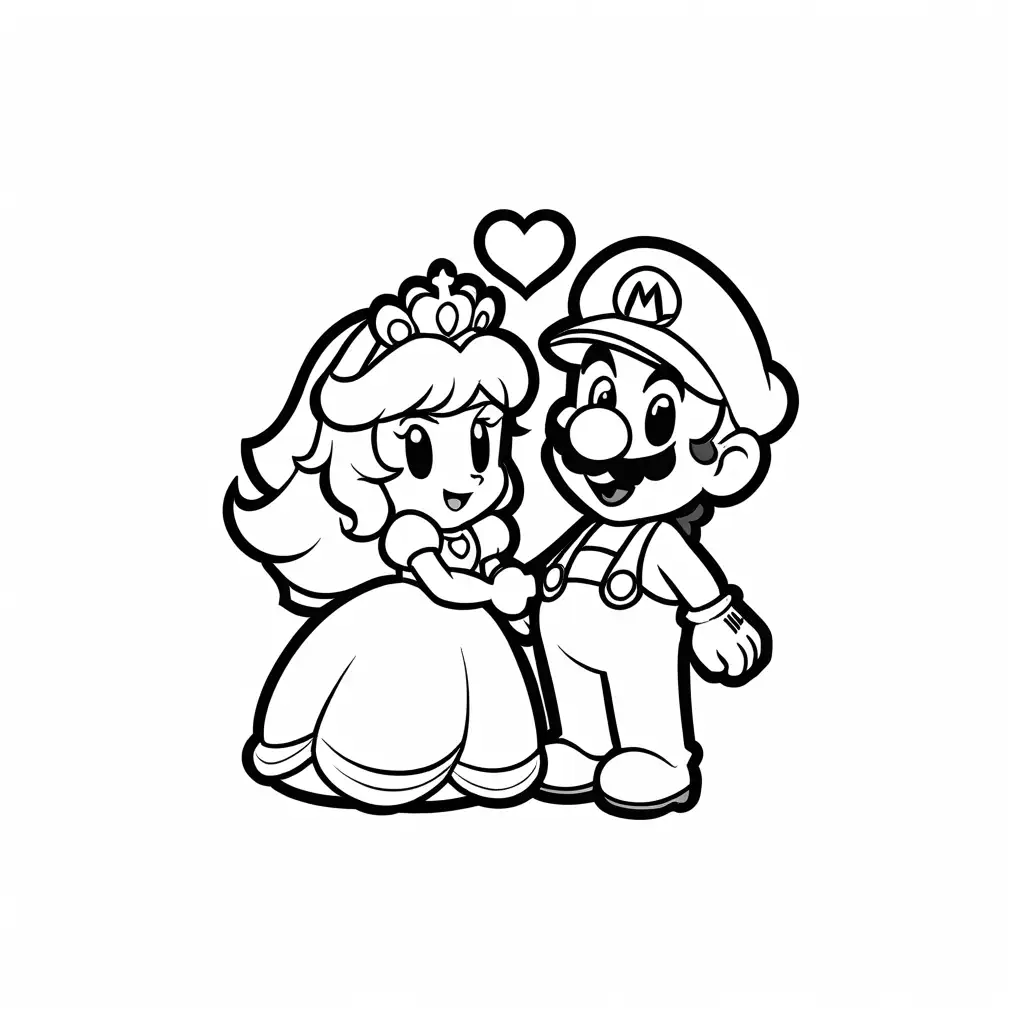 Mario and Luigi hugging princess peach with hearts, Coloring Page, black and white, line art, white background, Simplicity, Ample White Space.