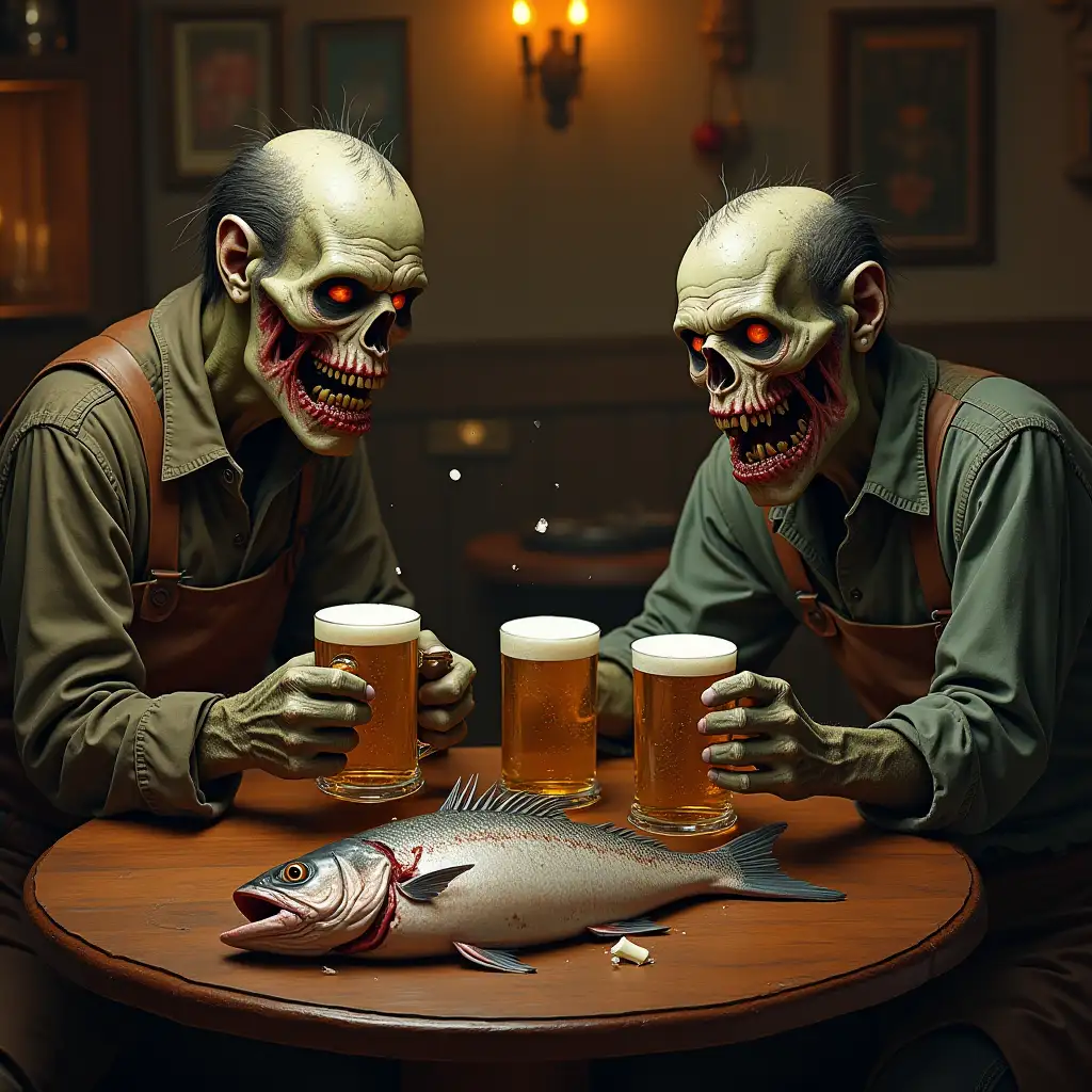 drunk zombies sitting in a pub, table, mugs of beer, cut-up fish