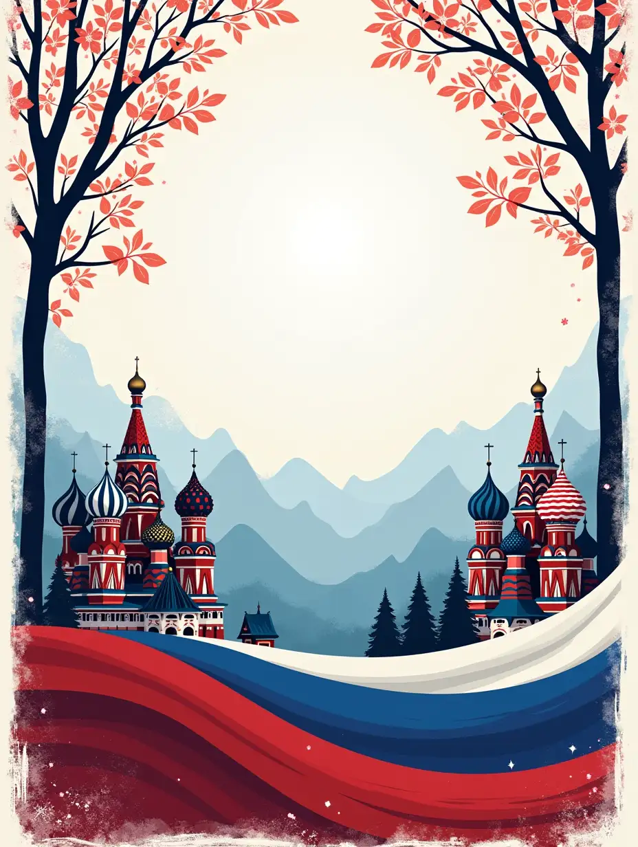 flyer on the theme “Russia Motherland”. Russian flag in the background, Kremlin, St. Basil's Cathedral, Russian nature, birch trees, mountains, red, white and blue colors, with soft gradients and slight blurring to make the background less intrusive. traditional Russian patterns along the borders, while keeping the central area clean and minimal for text placement. the composition evokes national pride and is visually balanced for an effective flyer