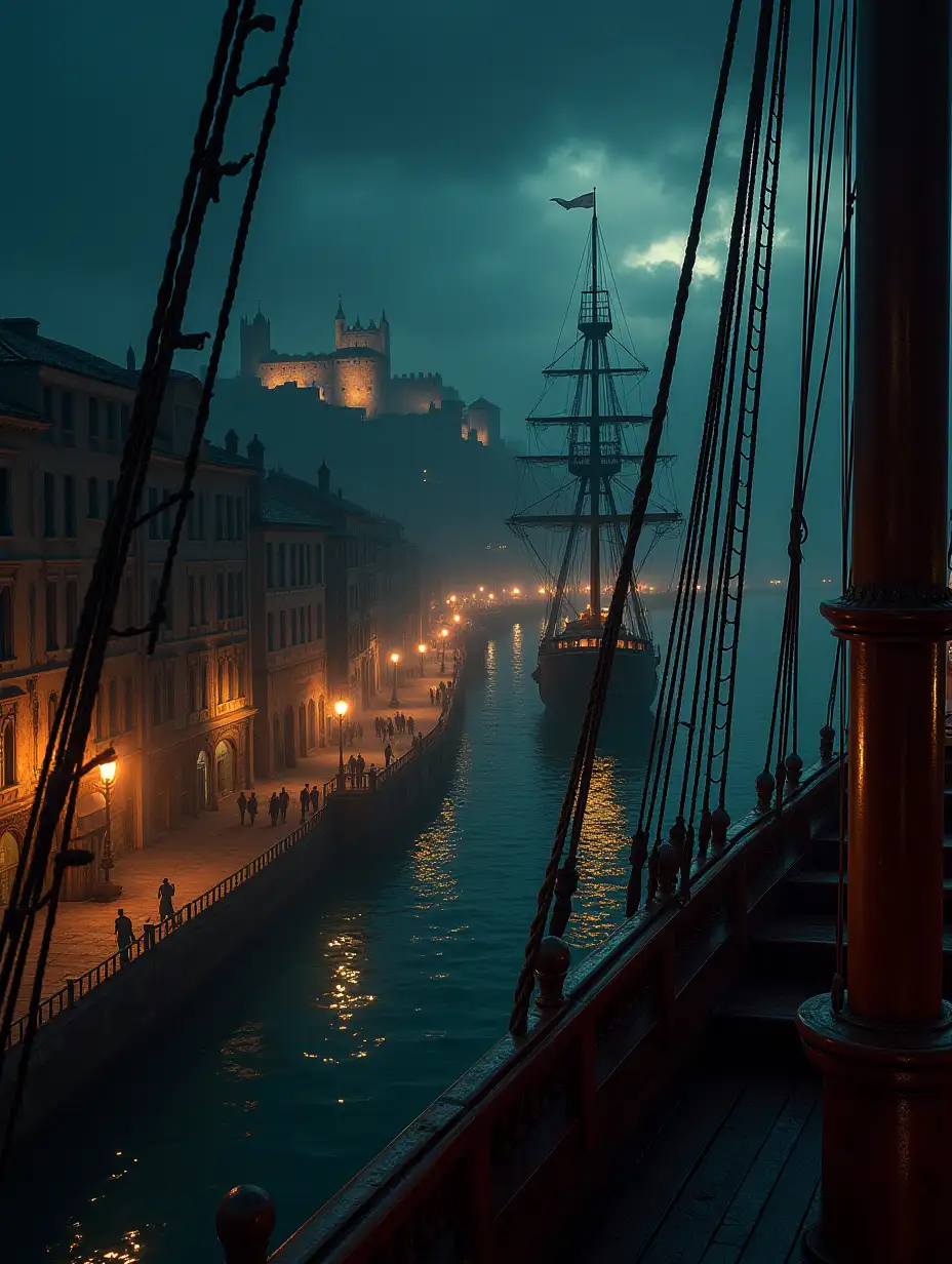 Dark-Fantasy-Italian-Galleon-Docked-in-Ancient-Port-at-Night