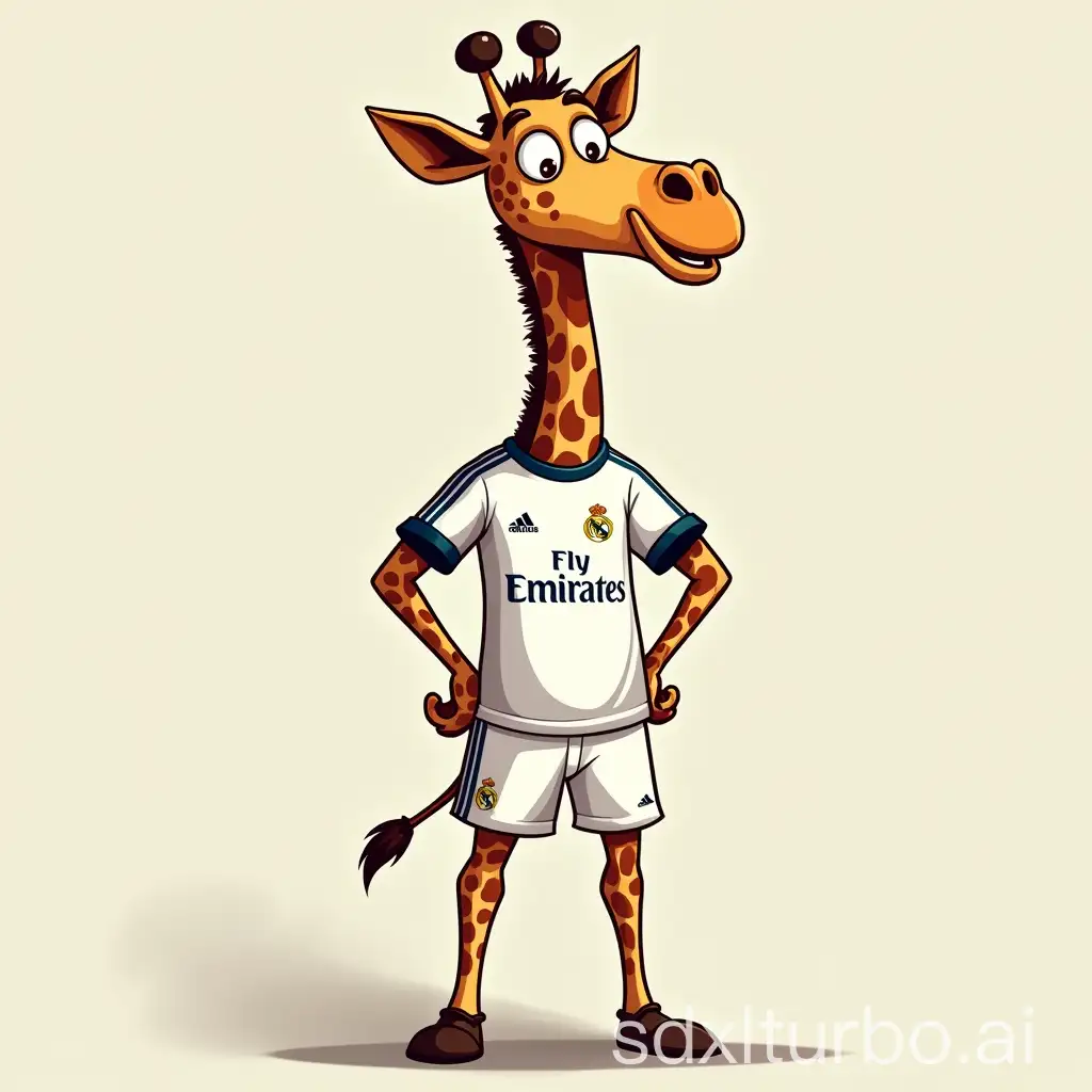 a giraffe with the jersey of real Madrid in cartoon style