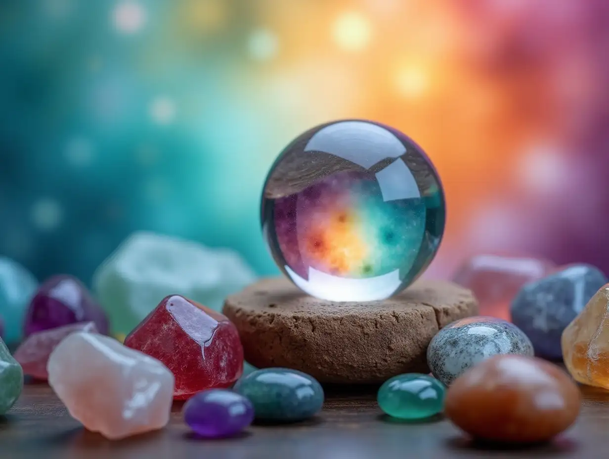 Colorful Crystal Healing Background with Big Clear Crystal Ball and Assorted Healing Stones