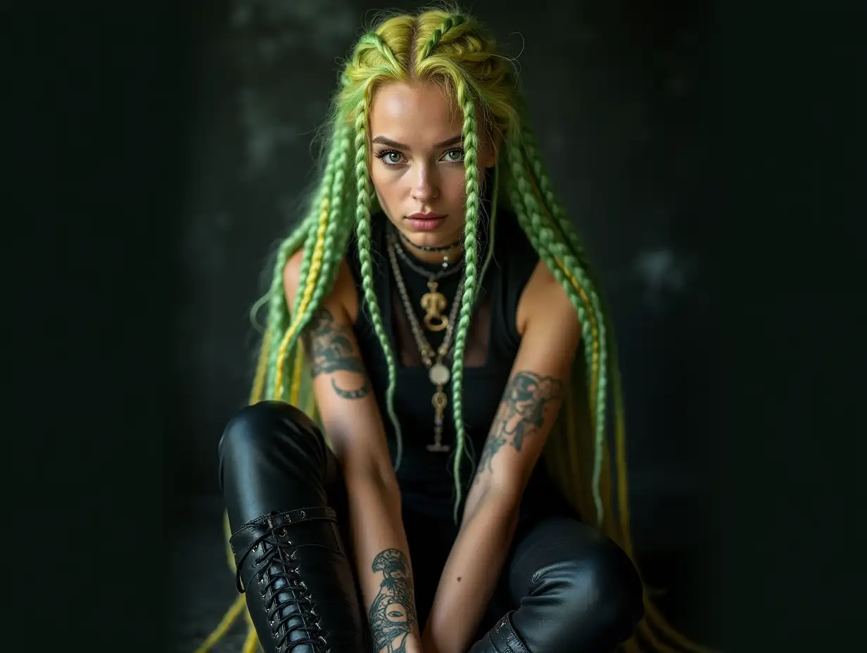 Depiction of a beautiful white woman with -tattoo, long mixed green-yellow braided hair in a futuristic style and laced boots, Blurry black background (120mm) shot poster