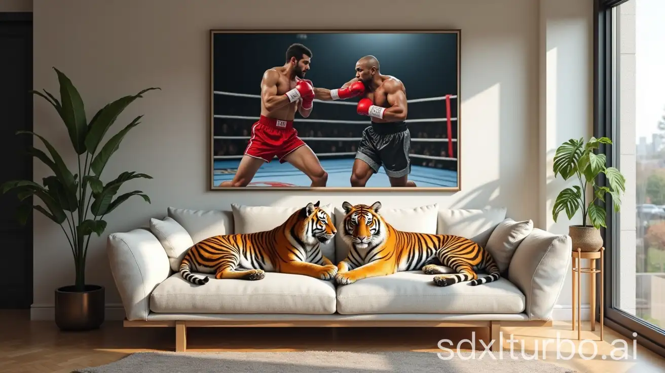 Create an inviting scene featuring two relaxed tigers lounging comfortably on a stylish sofa. The setting is a chic loft-style apartment with an open layout, adorned in neutral colors like beige, gray, and soft white. The ambiance should feel cozy and modern, with natural light streaming in through large windows. On the wall behind the sofa, include a framed photographic print of two human boxers sparring in a boxing ring. The photo should capture the intensity and energy of the moment, showcasing the boxers in action, with dynamic poses and a sense of movement. The contrast between the fierce boxing scene and the serene mood of the lounging tigers should create a captivating visual dynamic.