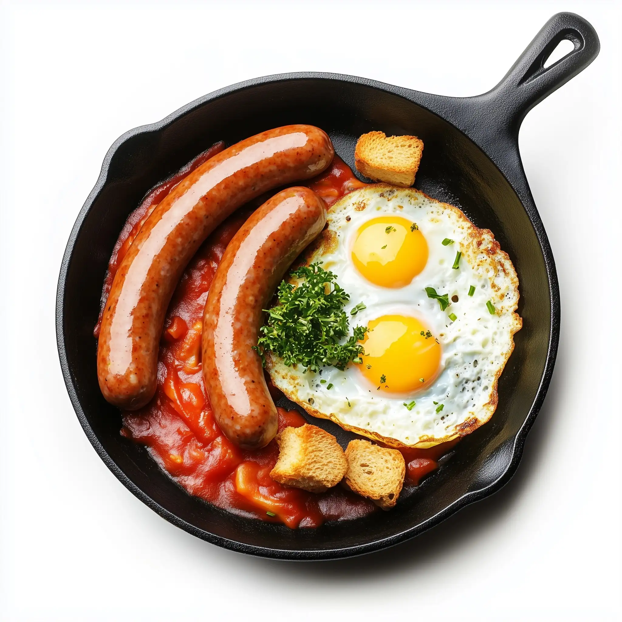 Breakfast-Scene-with-Sausages-Eggs-and-Croutons-on-White-Background