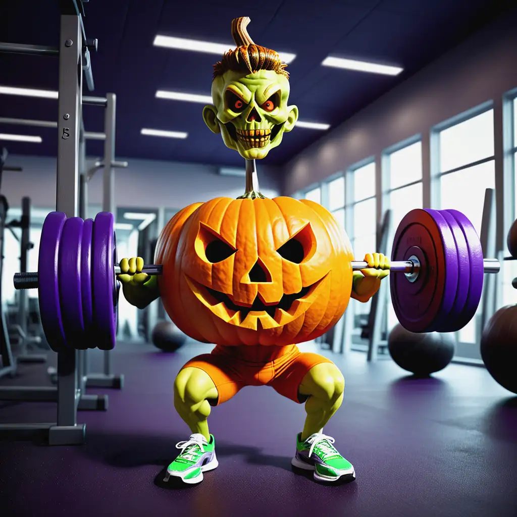 Create a highly professional image of a Halloween pumpkin (Jack-o'-lantern) lifting weights in a gym setting. The main colors in the image should be orange, purple, and their derivatives.I want a Halloween pumpkin that has a body of its own, that is, does not embody a human body. I want a muscular and strong Halloween pumpkin body. And add a little green in the sports space.I want him to wear purple sports shoes. I want to apply this addition to the first of the two images that I created before the last one.