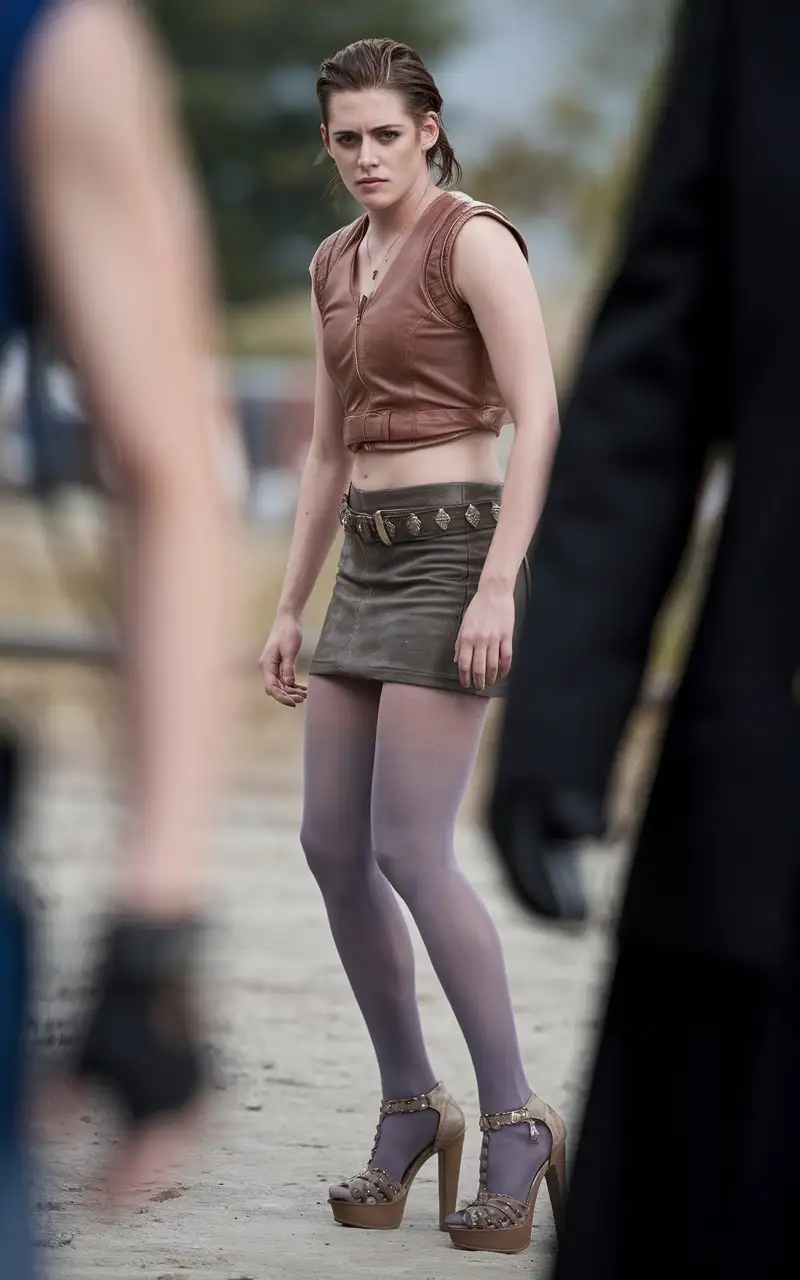 Kristen-Stewart-in-Leather-Top-and-Miniskirt-with-High-Heels-and-Stockings