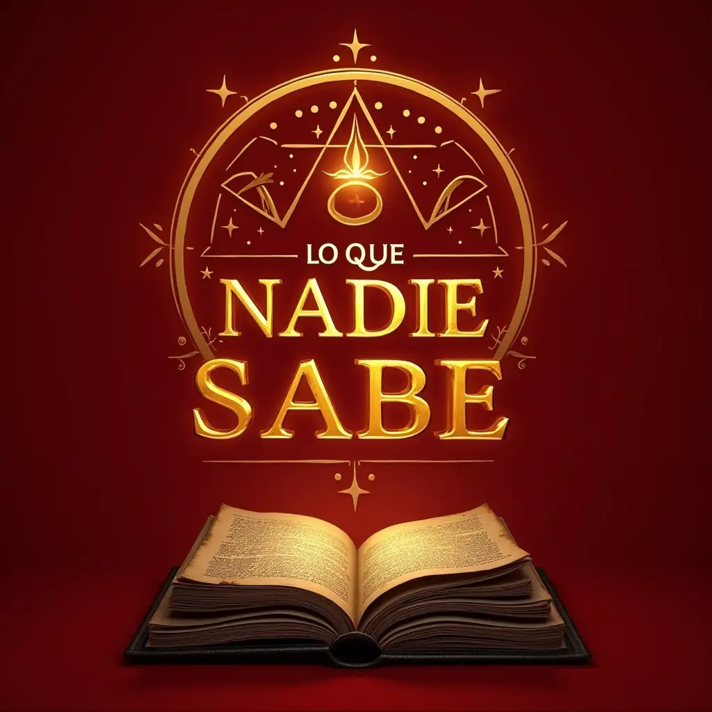 CREATE A BANNER LOGOTYPE FOR A YOUTUBE CHANNEL CALLED: 'LO QUE NADIE SABE'. MUST HAVE ESOTERIC SYMBOLS AND AN VERY OLD BOOK. PHOTOGRAPHIC QUALITY. 4K RED BACKGROUND.