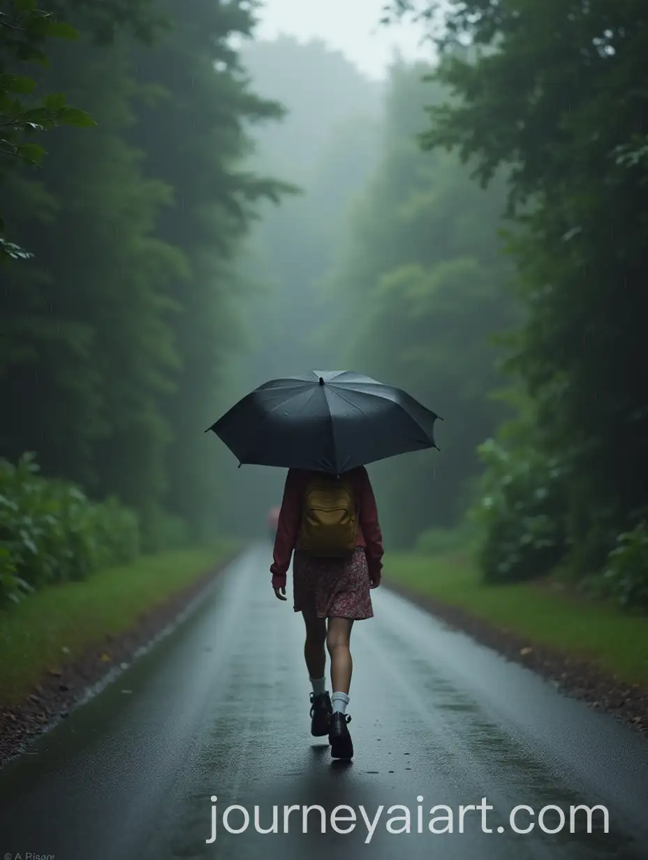 Young-Woman-Walking-on-a-Rainy-Road-in-Soft-Lighting