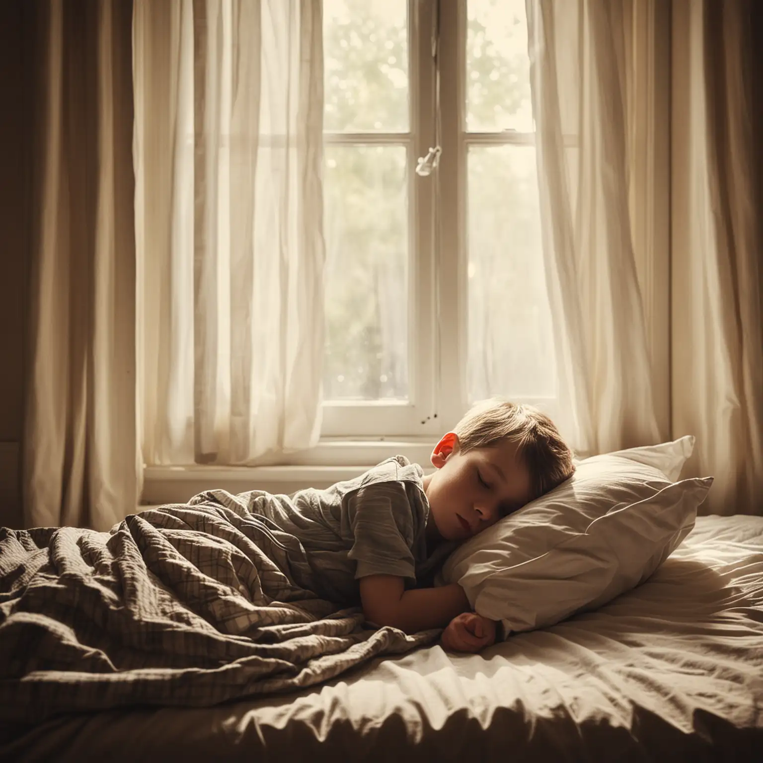 Vintage Little Boy Sleeping in Bed with Light Through Window