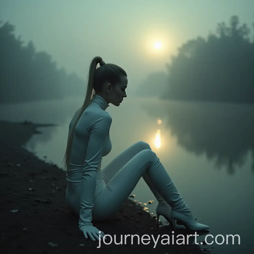 Eerie-Blonde-Woman-in-Tim-Burton-Style-on-Misty-Riverbank-at-Sunset