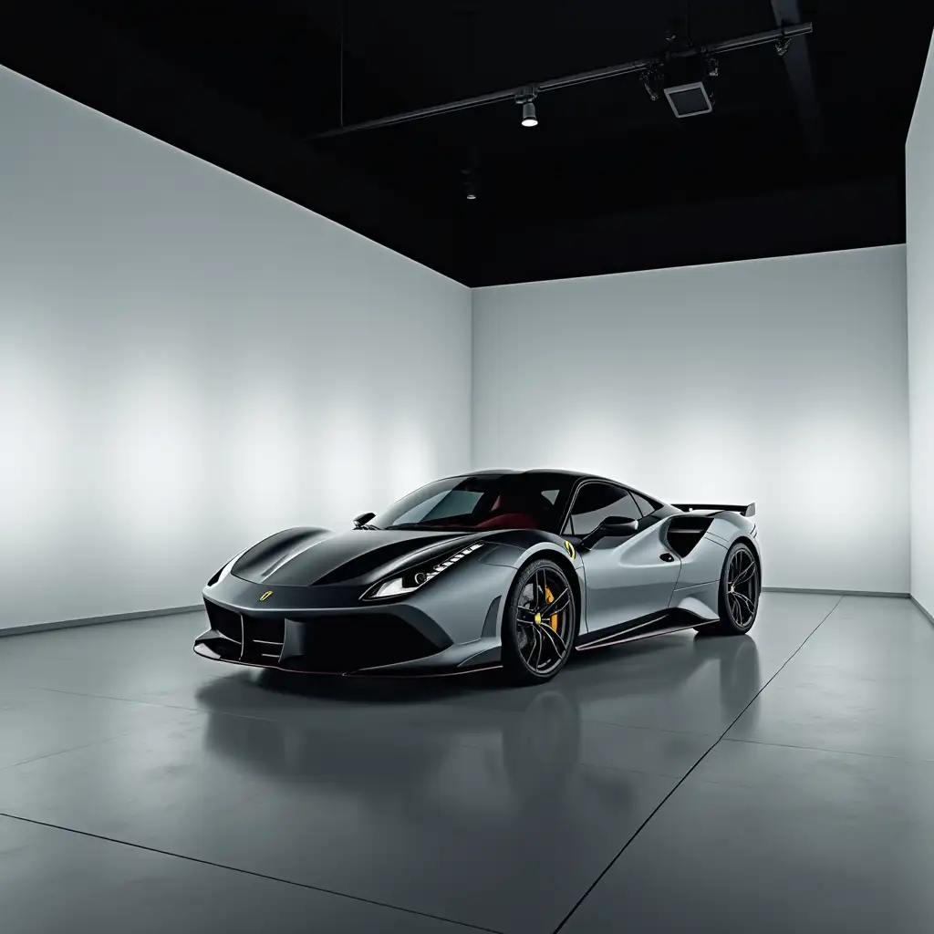 Sleek-Sports-Car-in-Modern-Showroom-with-Spotlight-Focus