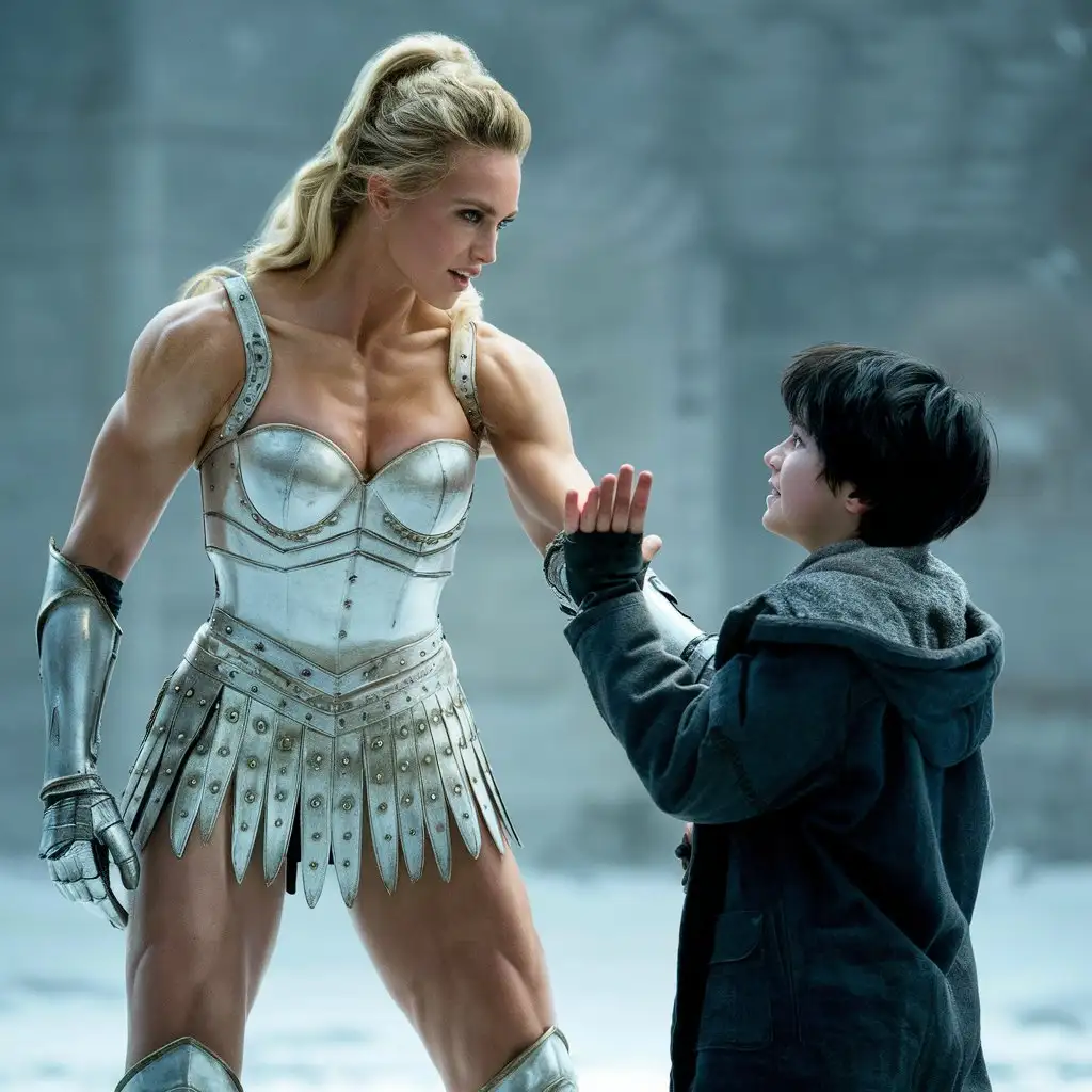 Gladiatorial-Fight-Between-Beautiful-Woman-in-Armor-and-Teenage-Boy-in-Cinematic-Style