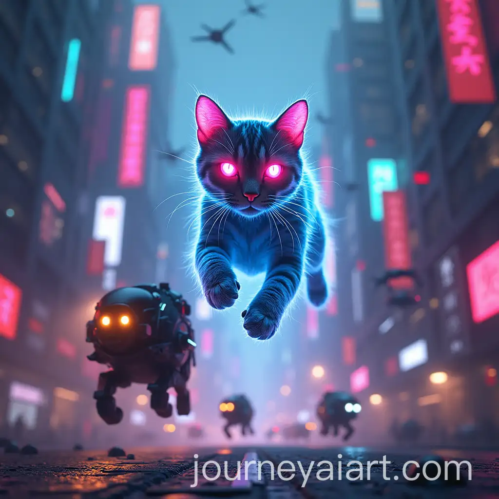 Cyberpunk-CyberAI-Art-Prompt-Expansioncat-Leaping-Over-Armored-Dog-Robots-in-Neonlit-Megalopolis
