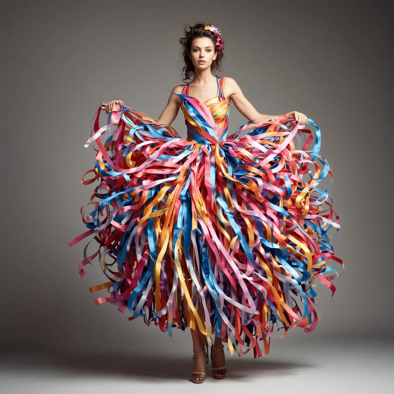 Fashion Model in Colorful Ribbon Dress