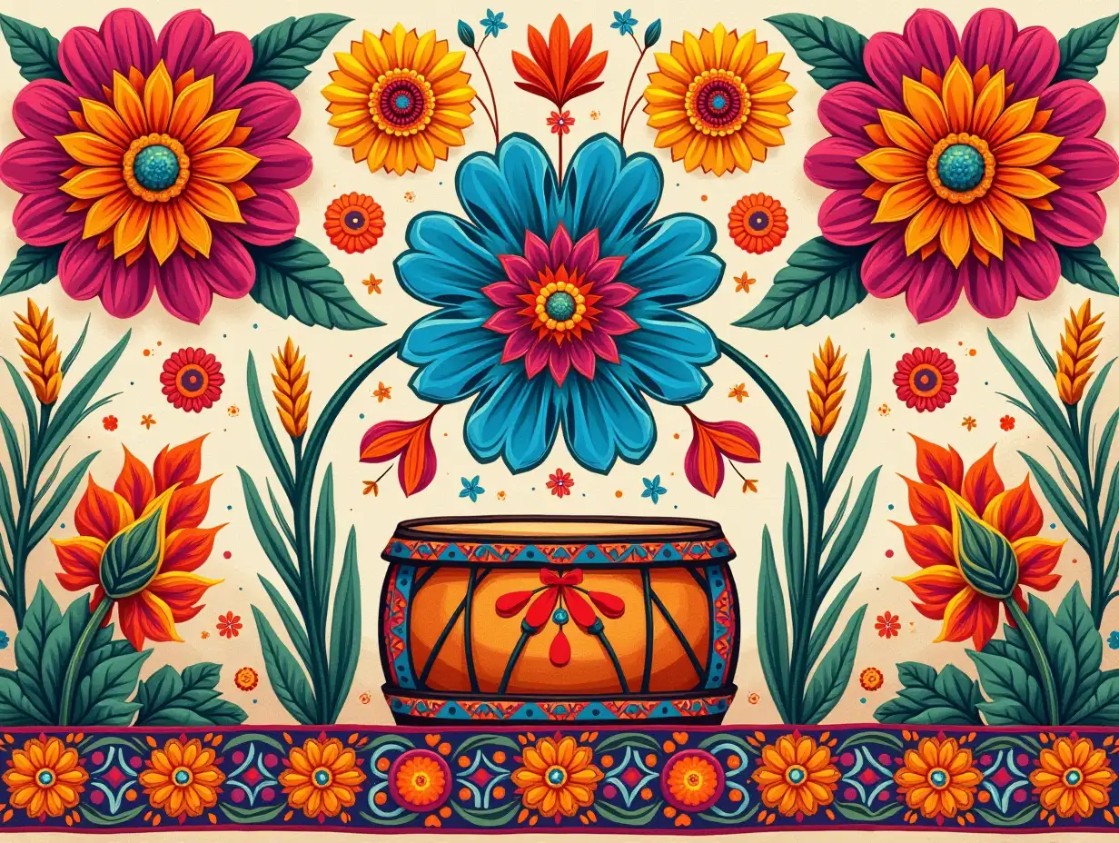 A card inspired by traditional Punjabi Phulkari embroidery. Depict vibrant floral patterns and geometric designs, incorporating symbols of Baisakhi like the dhol (drum), wheat stalks, and people dancing. The overall feel should be colorful and celebratory.  Take inspiration from the rich textures and patterns found in **Phulkari** textiles, uhd, 128k