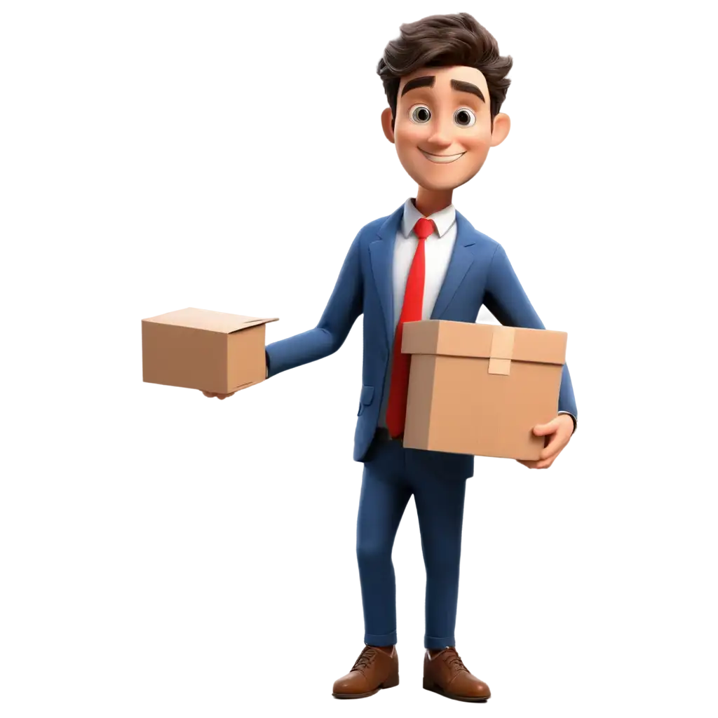 small cartoon man with a big box