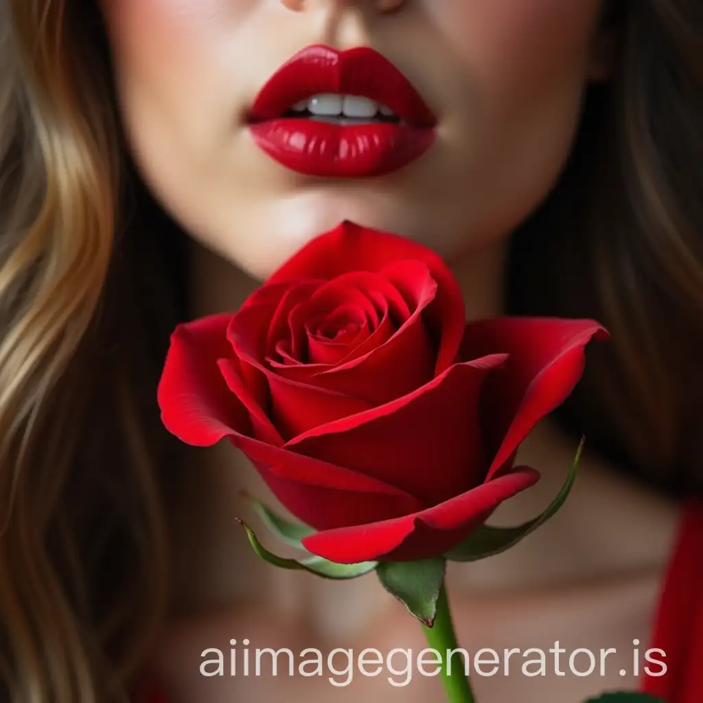 close-up of model with red lips holding a red rose