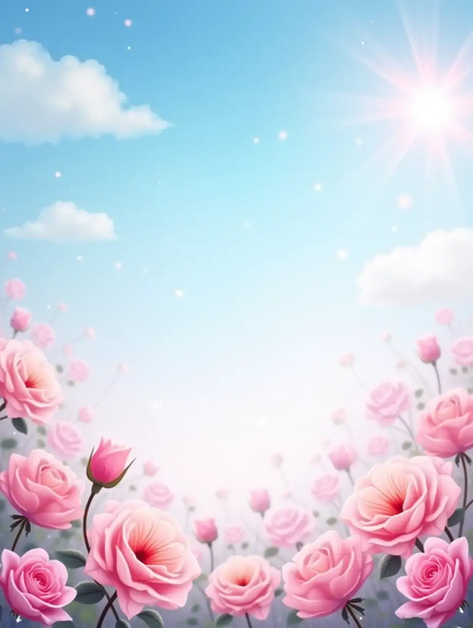 Design a dreamy and vibrant background featuring a clear blue sky with soft clouds and blooming pink roses in the foreground. Incorporate a magical glow around the roses and subtle sparkles in the air, creating a whimsical and enchanting atmosphere.