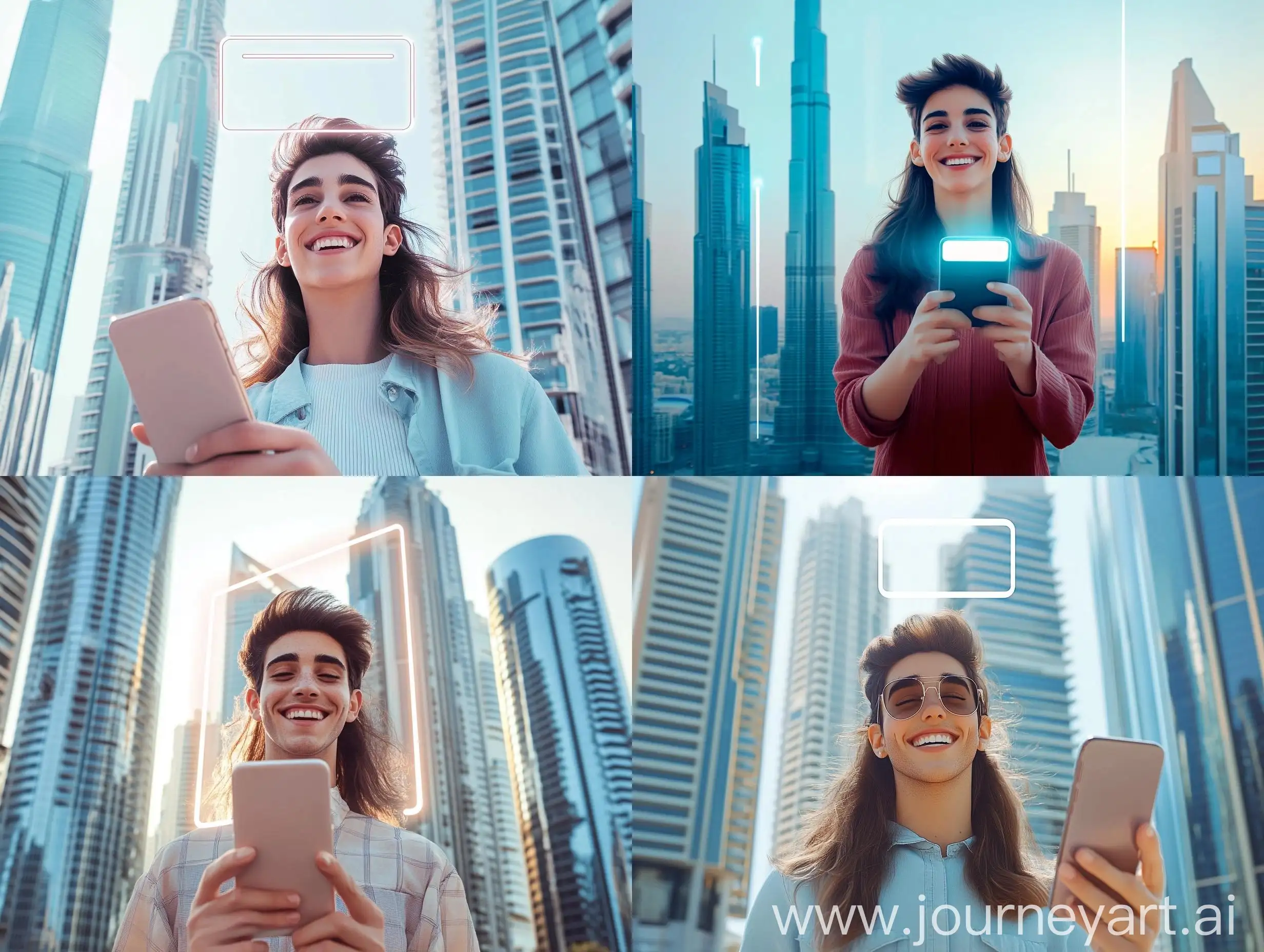 Joyful-Girl-with-Smartphone-in-Dubai-Skyscraper-Background