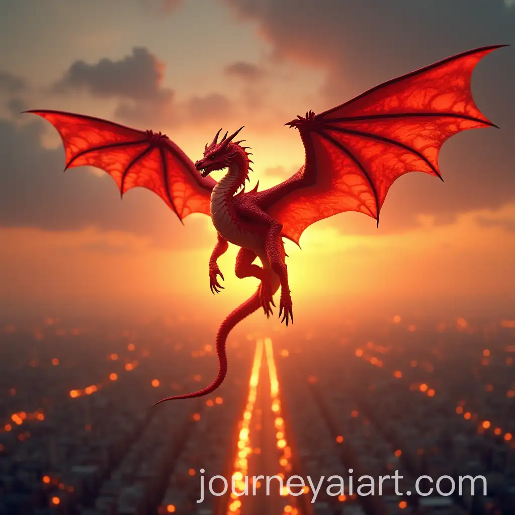Red-Dragon-Flying-Over-Modern-Cities-Breathing-Fire