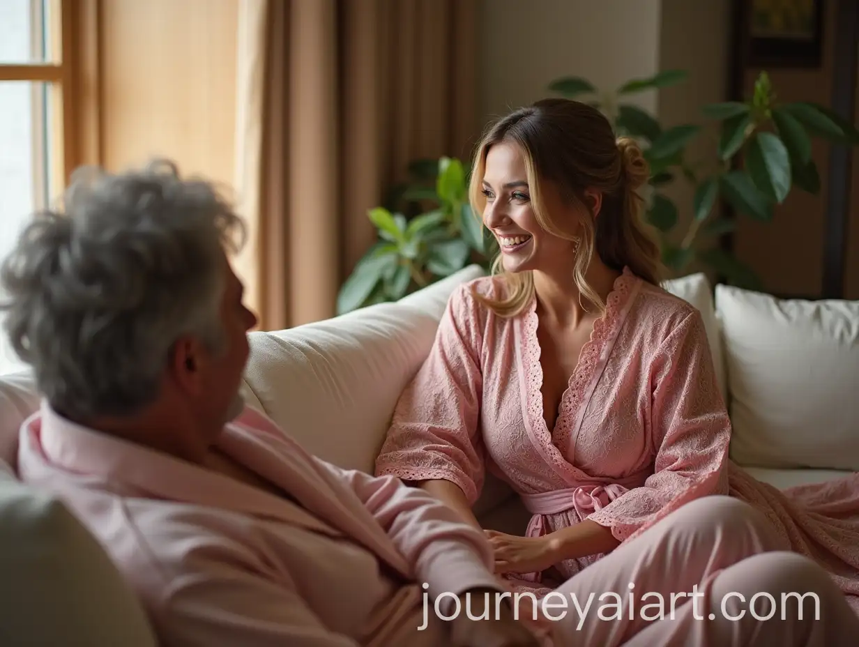 Beautiful-Woman-in-Pink-Lace-Robe-Laughing-with-GrayHaired-Man-in-Romantic-Room