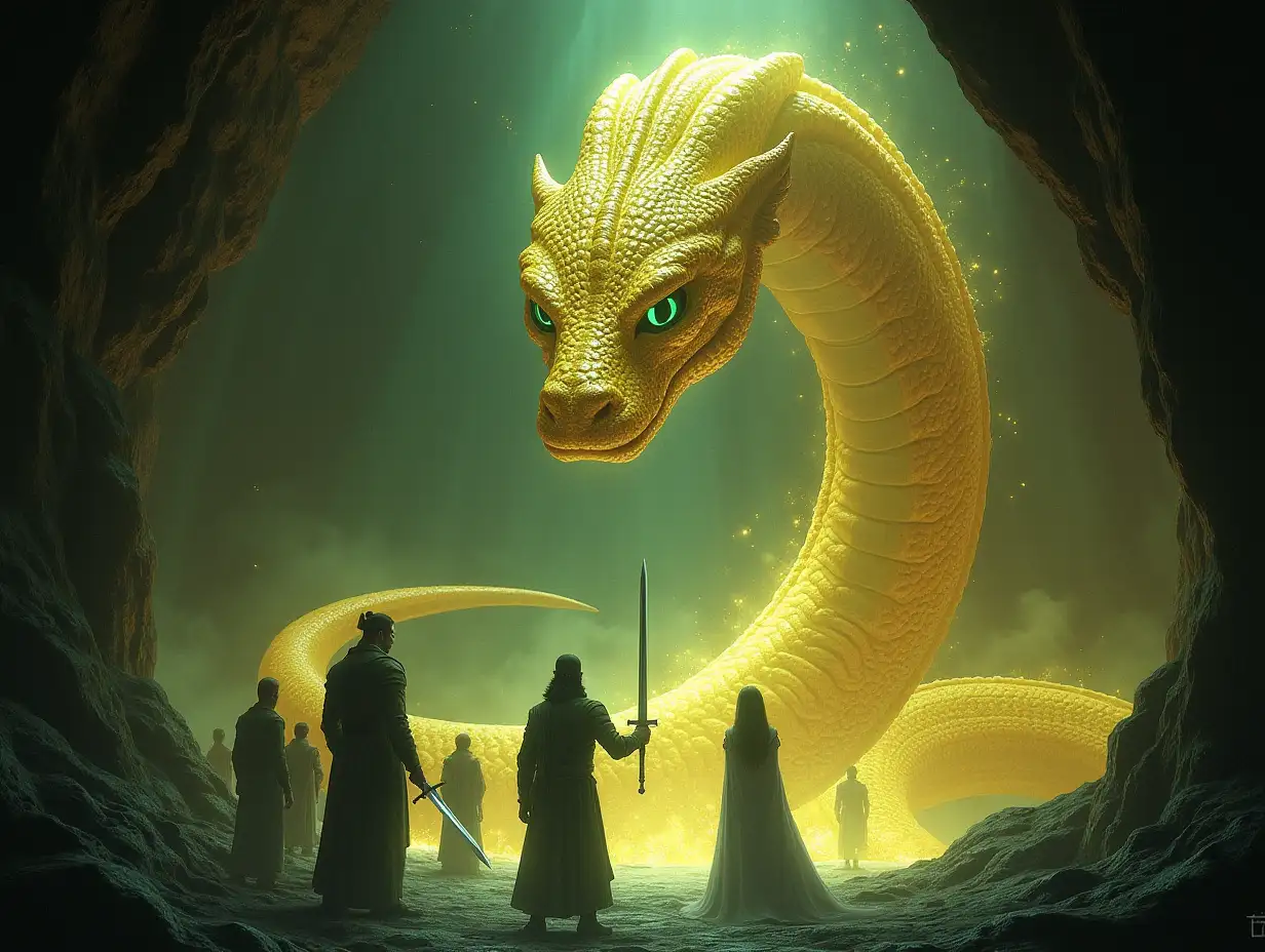 A massive, glowing serpent with golden scales and piercing emerald eyes blocks the path inside the cave. The group stands frozen in a mixture of fear and determination. The king raises his sword defensively, while the queen steps forward with a calm and confident expression. The serpent's coiled body fills the chamber, with its head raised high and a mystical aura surrounding it. The chamber is dimly lit with an otherworldly glow from the serpent's scales.