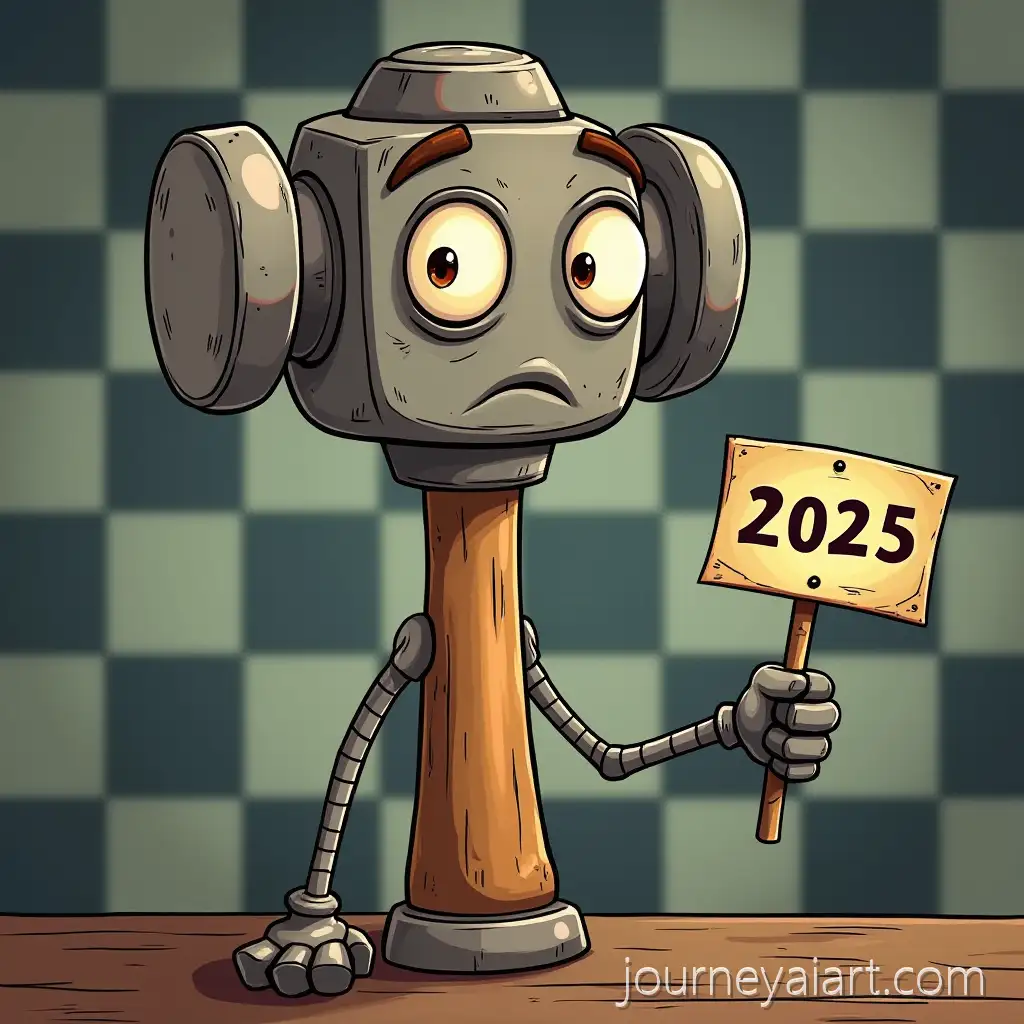 Confused-Cartoon-Hammer-Character-Holding-2025-Sign-in-Vintage-Style-Checkerboard-Background