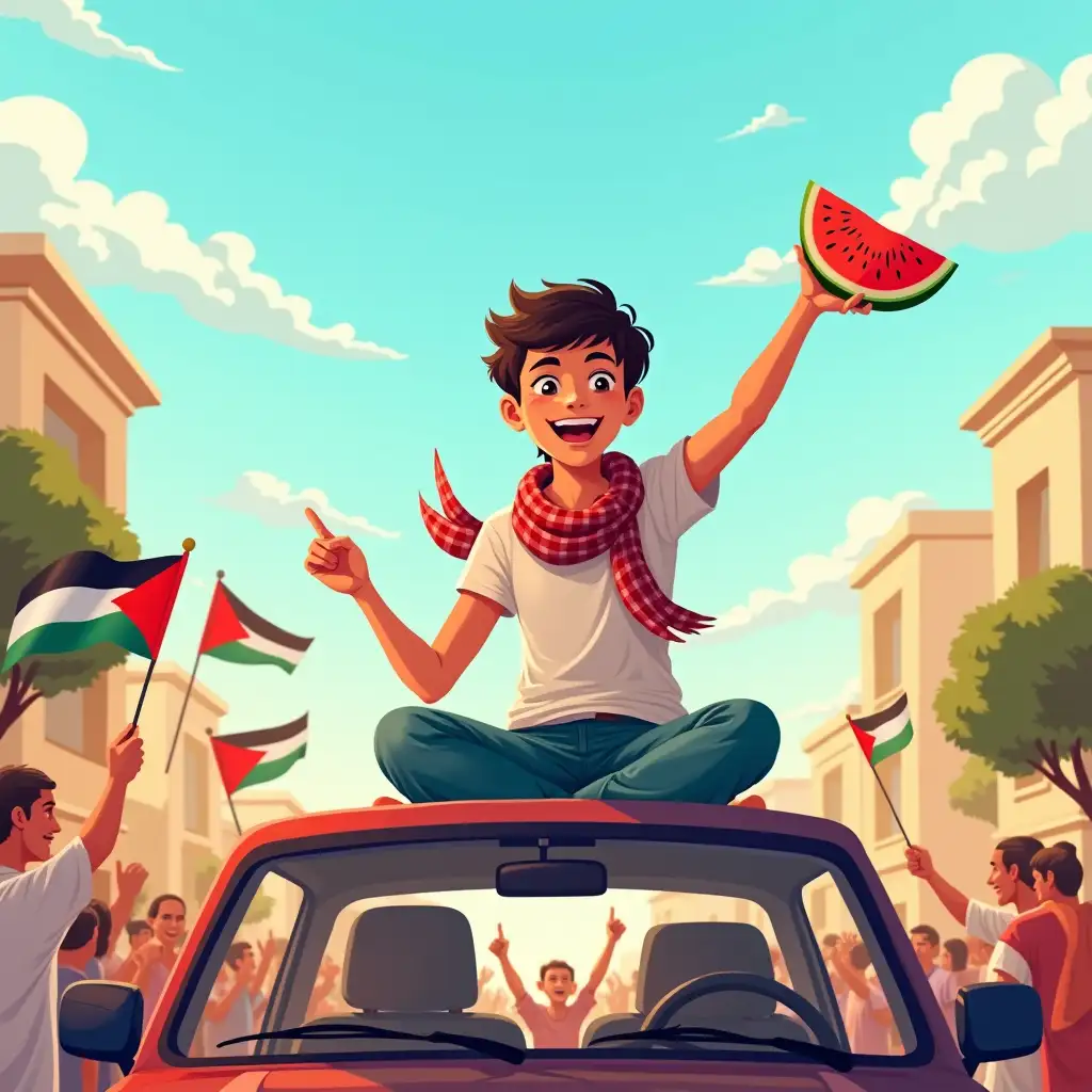 A 2D flat illustration of a young teen sitting on the roof of a car, radiating joy and freedom. He’s holding a slice of watermelon and wears a keffiyeh scarf and a Kotinos. His confident, relaxed smile and calm, serene eyes suggest he has fulfilled a dream. Below, a celebrating crowd holds Jordanian flags, cheering him on. The scene is filled with bright, happy colors. The background features buildings and black olive trees, typical of the region. A clear, sunny sky with scattered clouds completes the scene. The artwork should emphasize the teen’s sense of freedom through his expression and body language.
