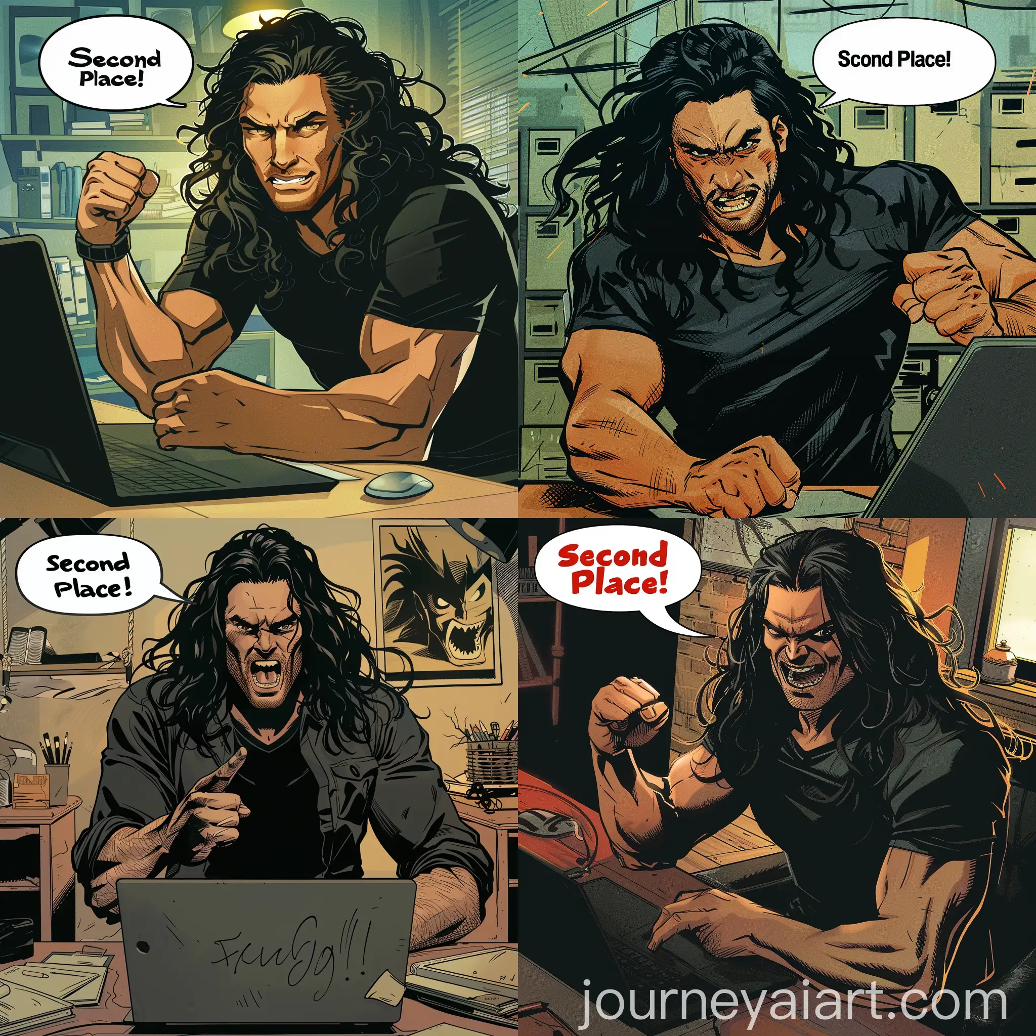 Man-with-Long-Wavy-Black-Hair-Working-on-Laptop-Victory-Expression-in-1960s-Marvel-Comic-Style