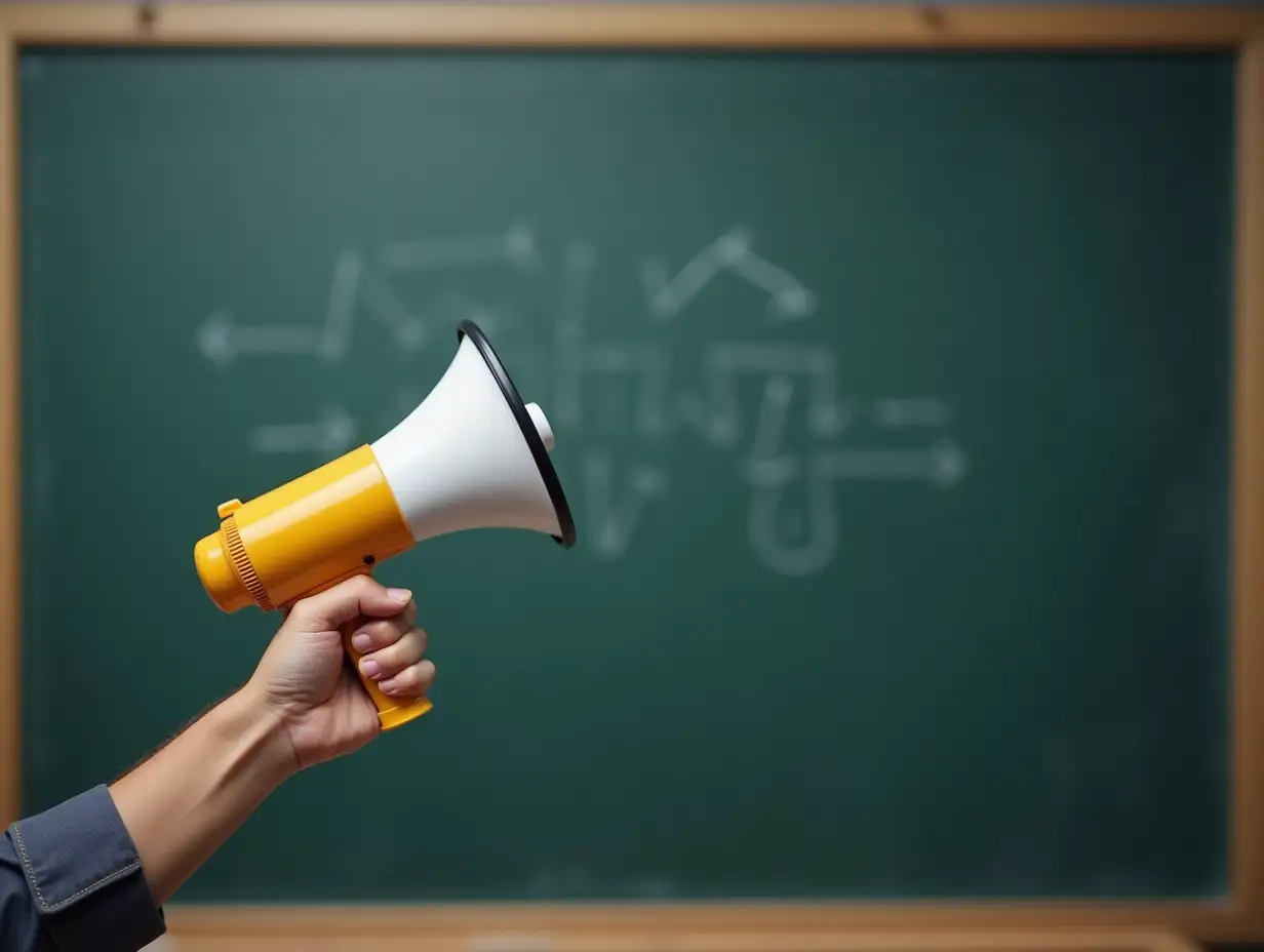 Illustrator-Holding-Megaphone-Before-a-Blank-Blackboard