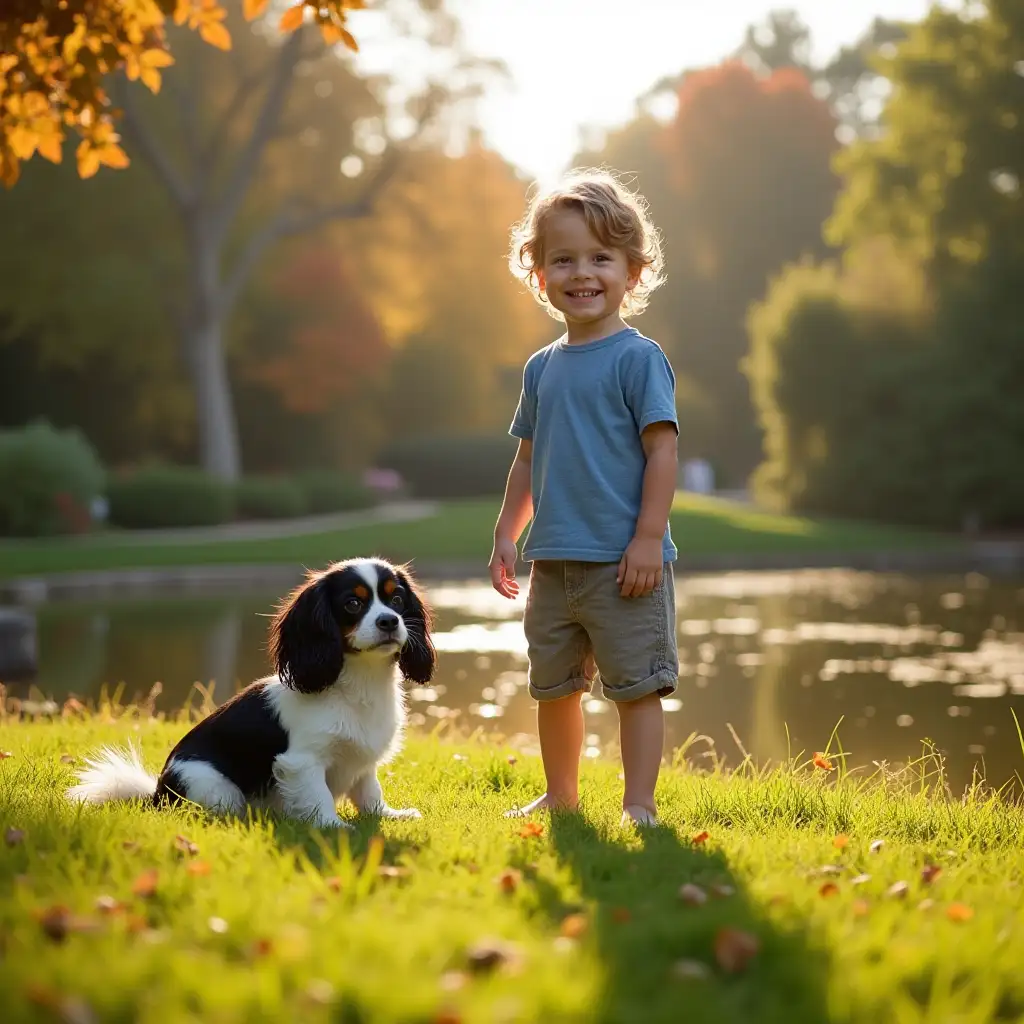 a three year old boy smiles and stands barefoot on a colorful Moorish lawn on the shore of a small pond; a small black and white Cavalier King Charles Spaniel sits nearby; the boy is dressed in shorts and a blue T-shirt; the warm sun is shining