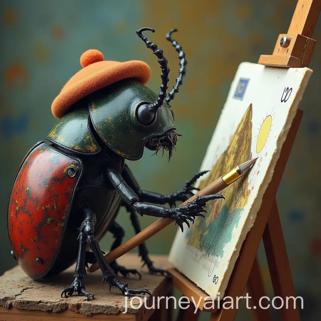 PicassoStyle-Beetle-with-Beret-and-Paints-Creating-Euro-Mountain-Artwork