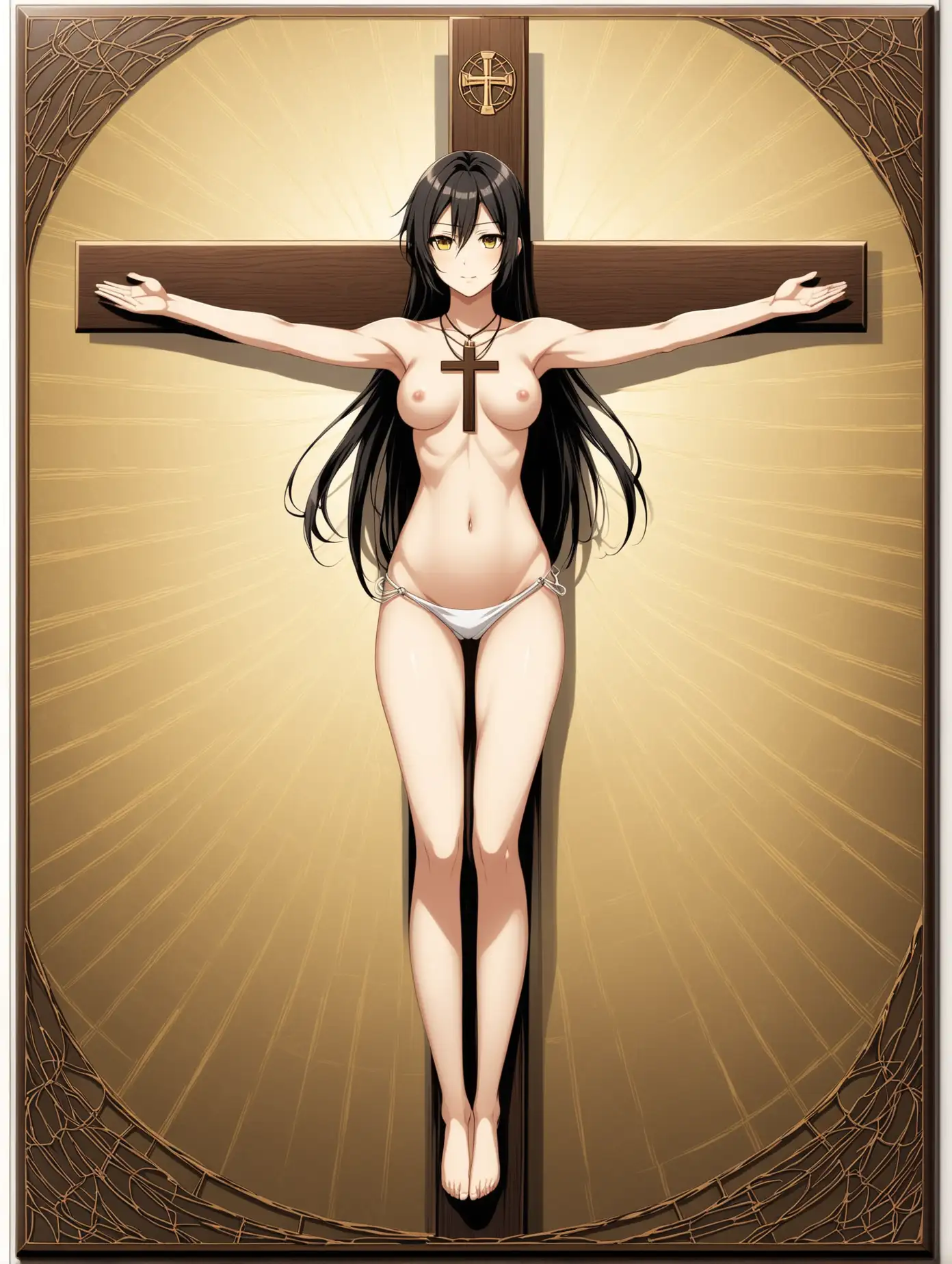 Japanese female, sakuya shirase, young woman, tall body, black hair, ponytail hairstyle, dark yellow eyes, bared, vital, vitruvian woman, full body, the cross pose, outstretched arms, hanging cross wall plaque, cross necklace