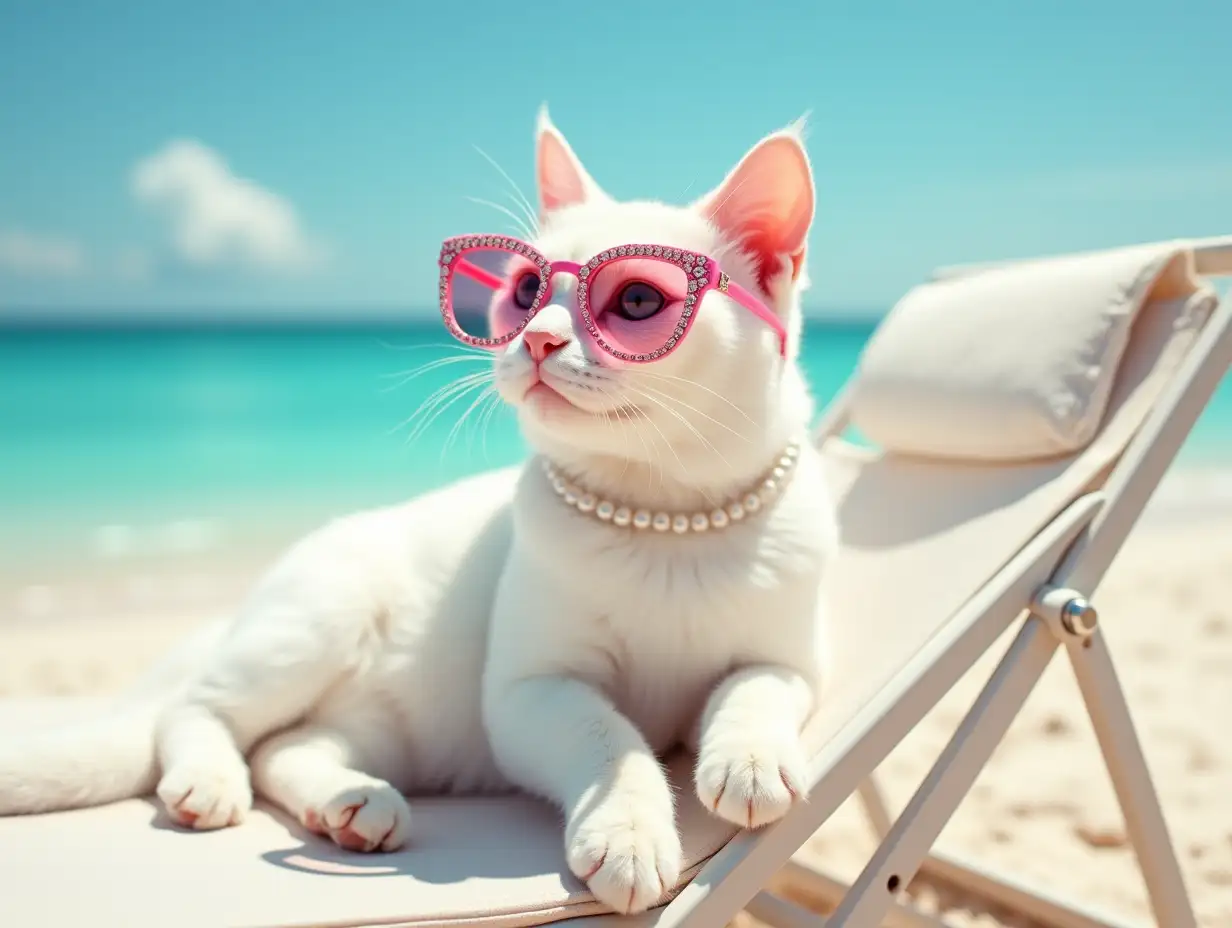 a white cat with pink framed glasses with diamonds wearing a bikini and a pearl necklace while taking a margarita on a sun lounger at the beach