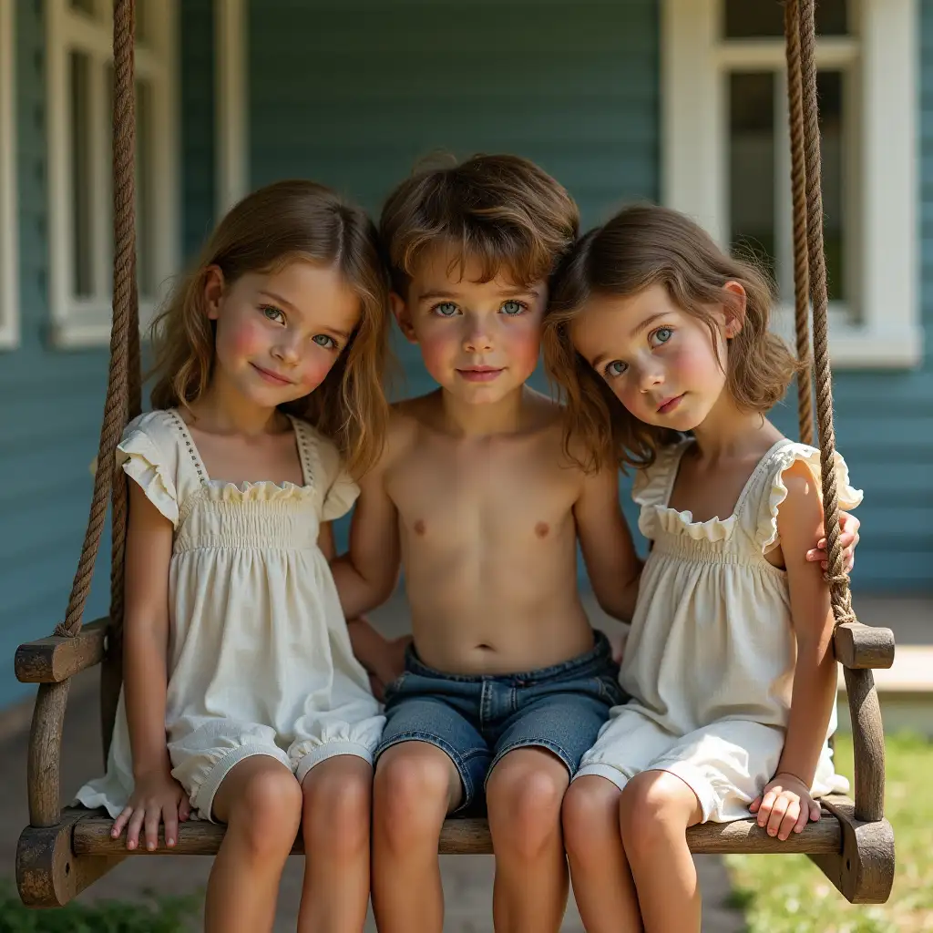 Slender-Boy-Sitting-on-Porch-Swing-with-Two-Little-Girls