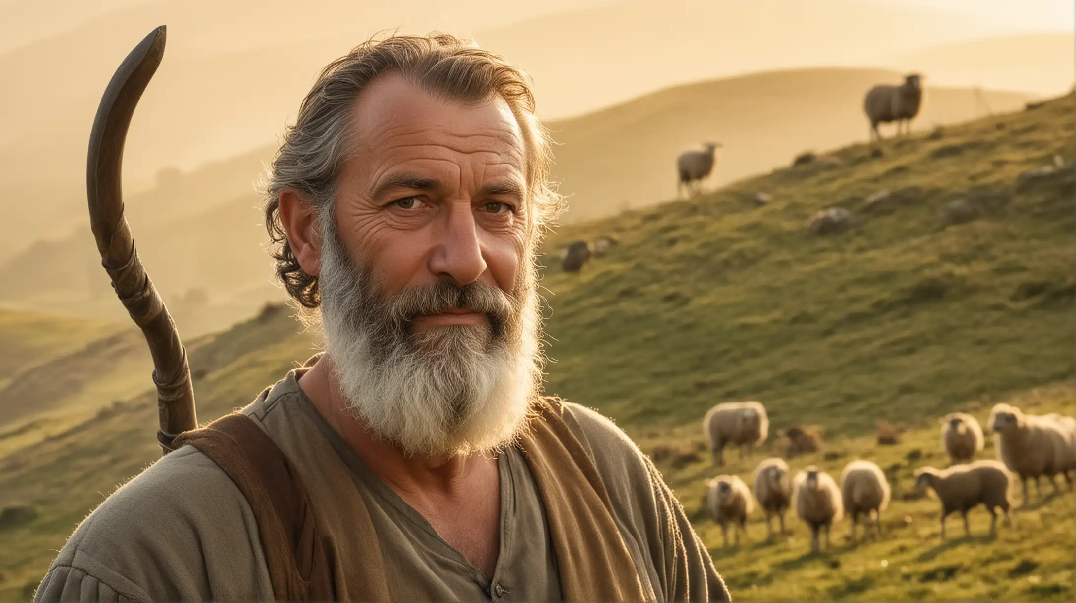 Biblical Era Shepherd with Sheep on Grassy Hill