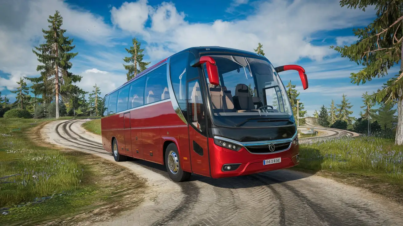 Luxury Red Bus Driving Curve Offroad in Natural Environment