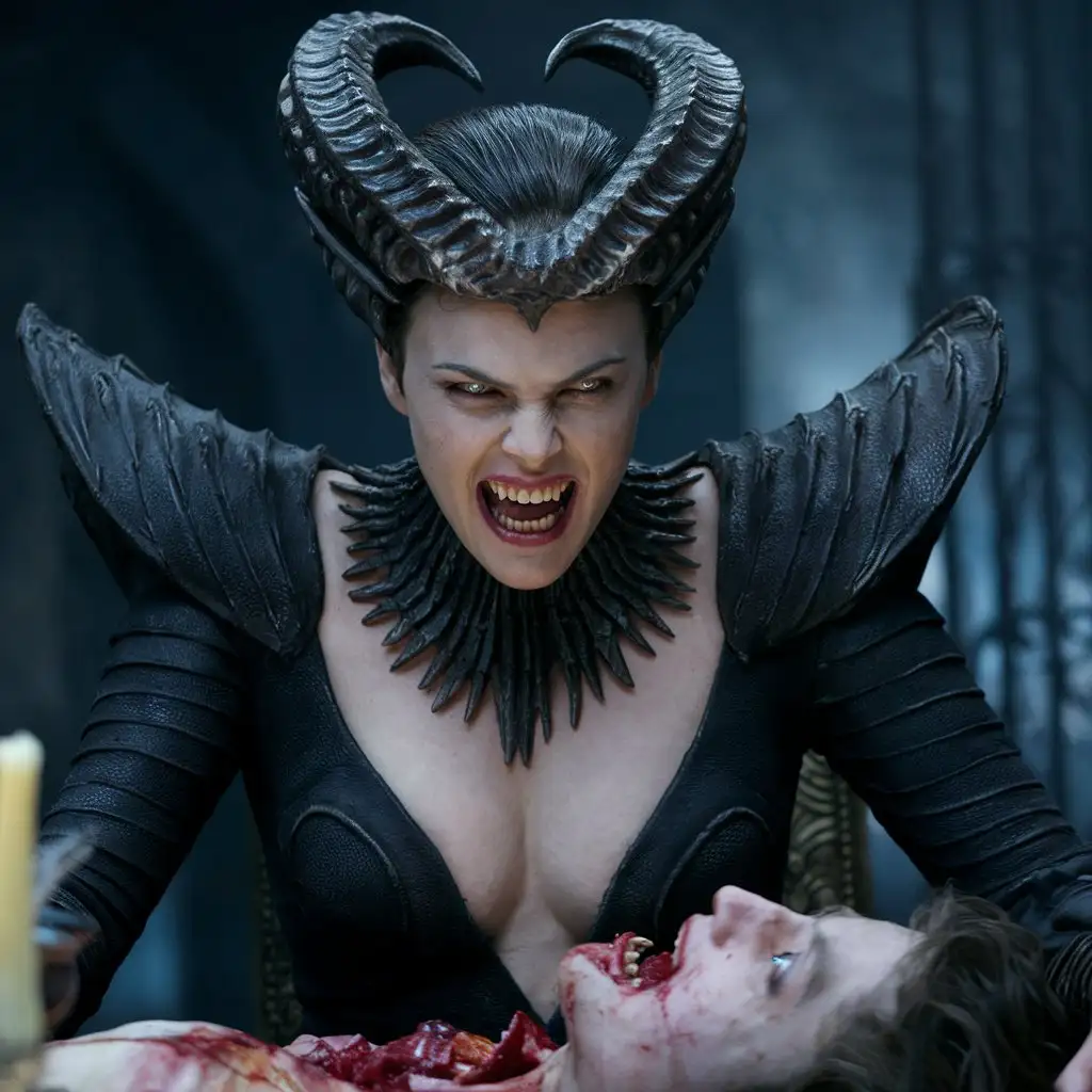  Evil Angry Very beautiful monster Charlize Theron with sharp horns, a very huge mouth with the sharpest teeth and deep neckline sit at a high table,  indulging in a grisly feast of a young man. Very aggressive look, cinematic, photo , 4k