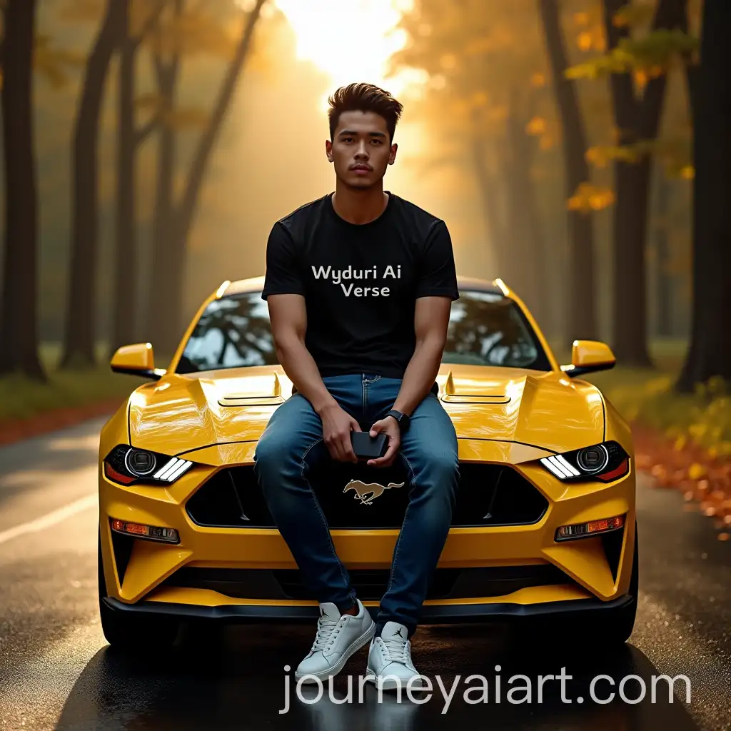 Young-Malaysian-Man-on-Yellow-Mustang-with-Autumn-Forest-Background