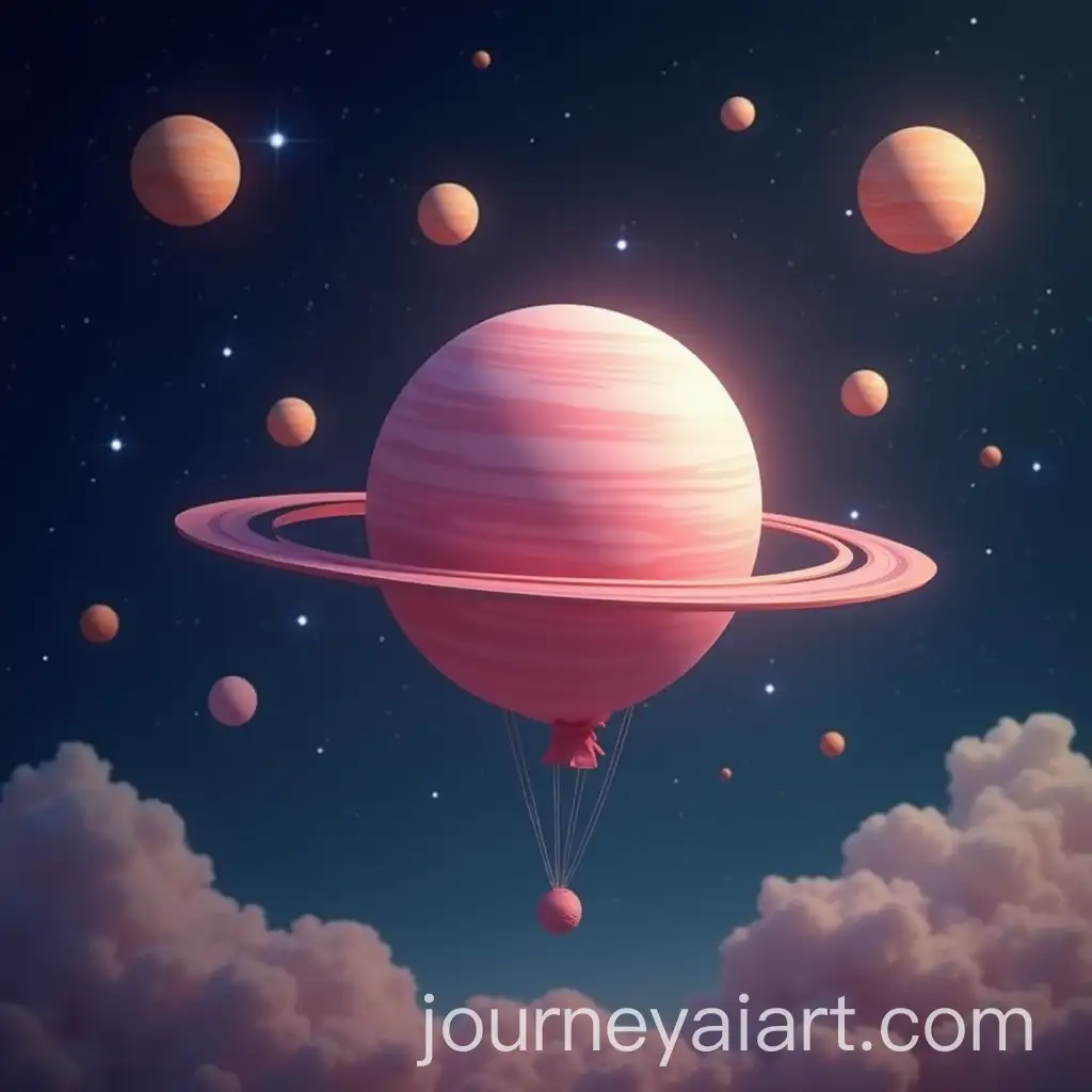 Light-Pink-Balloon-Planet-with-13-Moons-Floating-in-Outer-Space