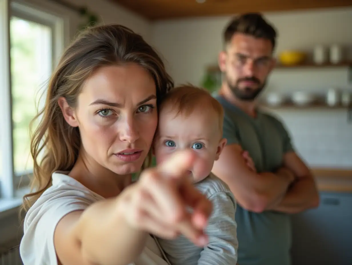 offended young woman standing in the kitchen with a baby in her arms, angrily looking at the camera and pointing with one hand and finger to the exit, sunny day, next to her husband with his arms crossed on his chest, close-up, maximum realism, detailing