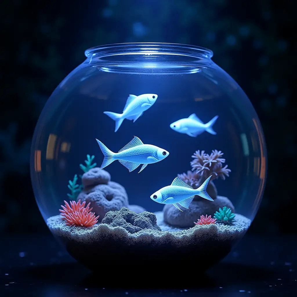 Mesmerizing-Bioluminescent-Fishes-in-a-Crystal-Aquarium-with-Algae-and-Corals