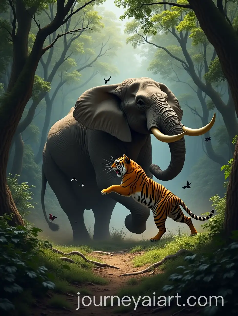 Epic-Battle-Between-Tiger-and-Elephant-in-a-Shadowy-Forest