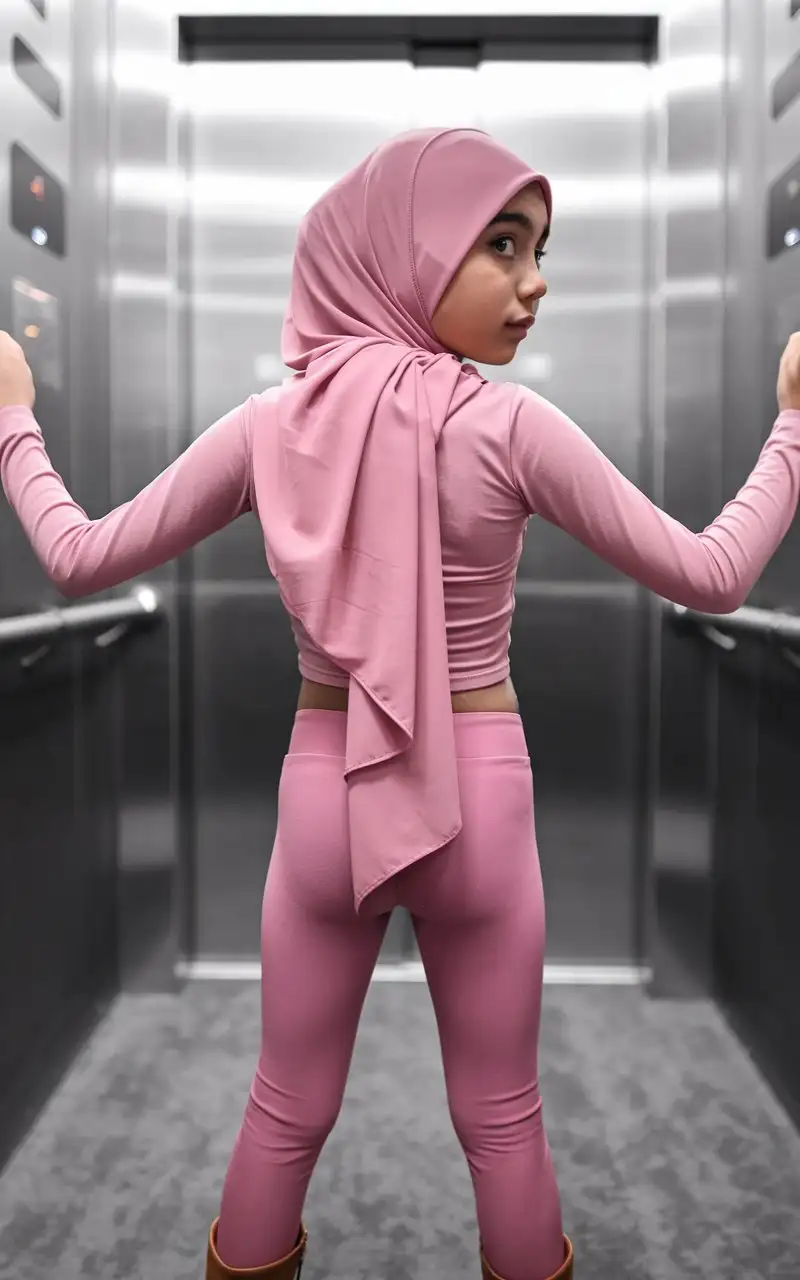 Teenage-Girl-in-Pink-Hijab-Posing-in-Elevator-with-Hands-on-Hips